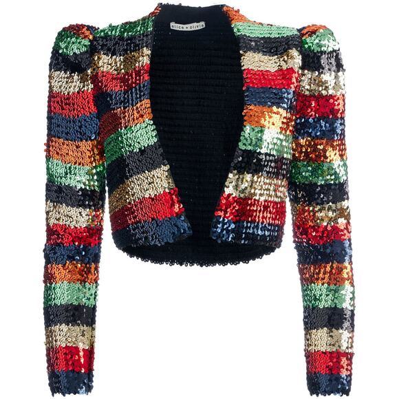 Alice + Olivia Sequin Stripe Sherryl Cropped Cardigan Size M Open Front Sparkle - Picture 3 of 12